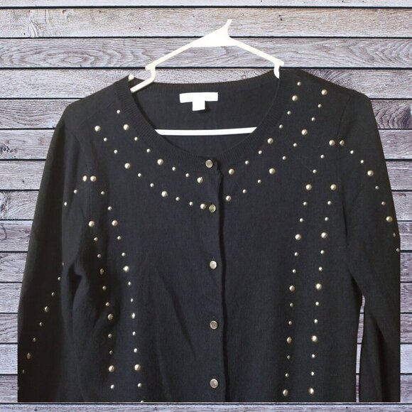 New York & Company Women's Small Black Button Front Beaded 3/4 Sleeve Cardigan - Picture 2 of 4